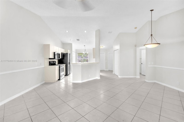 1617 Zenith Way, Weston, FL 33327 - unfurnished living room with light tile patterned floors, vaulted ceiling, ceiling fan, and baseboards