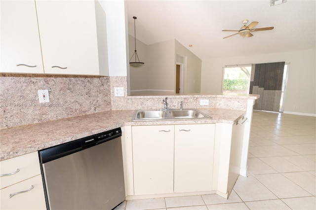 1617 Zenith Way, Weston, FL 33327 - kitchen with stainless steel dishwasher, a sink, light countertops, a peninsula, and light tile patterned floors