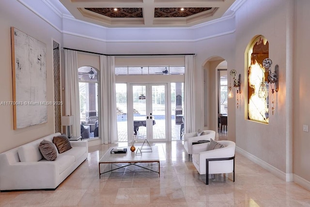 5025 Regency Isles Way, Cooper City, FL 33330 - living area with ceiling fan, arched walkways, french doors, a high ceiling, and ornamental molding