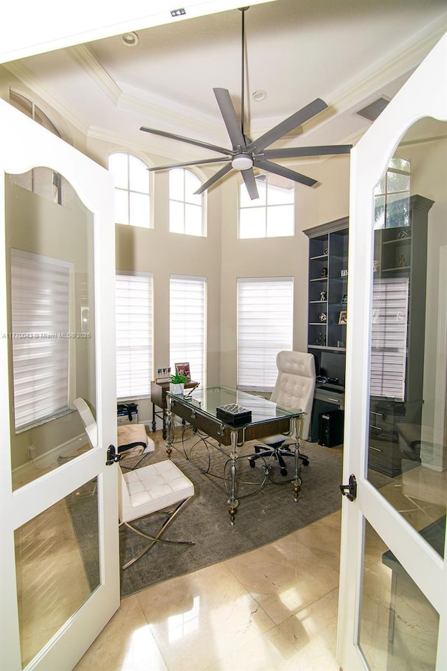 5025 Regency Isles Way, Cooper City, FL 33330 - home office featuring recessed lighting, visible vents, ornamental molding, french doors, and ceiling fan