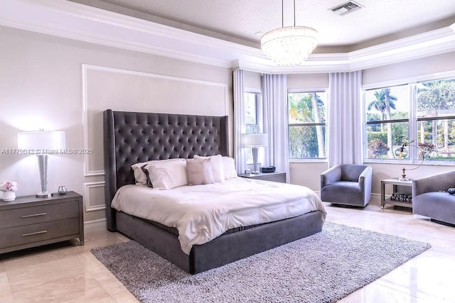 5025 Regency Isles Way, Cooper City, FL 33330 - bedroom with crown molding, visible vents, a chandelier, and a tray ceiling