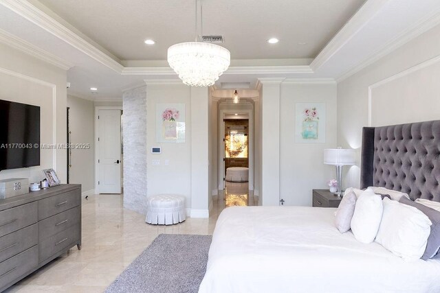 5025 Regency Isles Way, Cooper City, FL 33330 - bedroom featuring a tray ceiling, an inviting chandelier, and crown molding