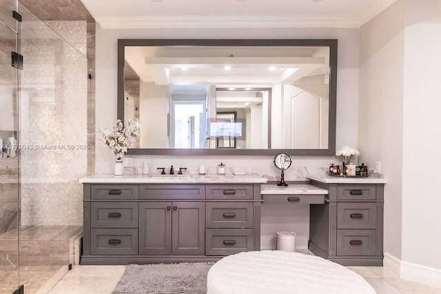 5025 Regency Isles Way, Cooper City, FL 33330 - bathroom featuring a shower stall, vanity, and ornamental molding