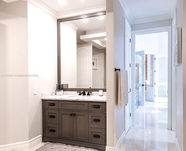 5025 Regency Isles Way, Cooper City, FL 33330 - bathroom featuring baseboards, ornamental molding, and vanity
