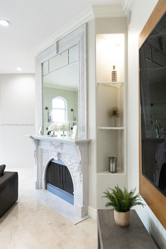 5025 Regency Isles Way, Cooper City, FL 33330 - living area with a high end fireplace, ornamental molding, and recessed lighting