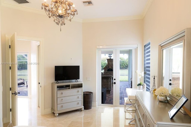 5025 Regency Isles Way, Cooper City, FL 33330 - interior space featuring visible vents, crown molding, access to exterior, and french doors