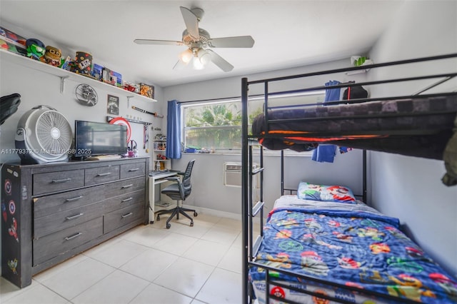bedroom featuring ceiling fan and light tile patterned floors