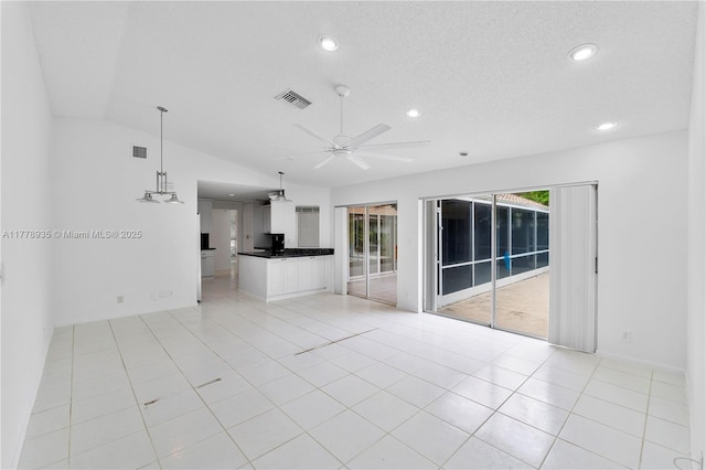 4622 NW 100th Ter, Coral Springs, FL 33076 - unfurnished living room featuring a ceiling fan, recessed lighting, vaulted ceiling, and light tile patterned floors
