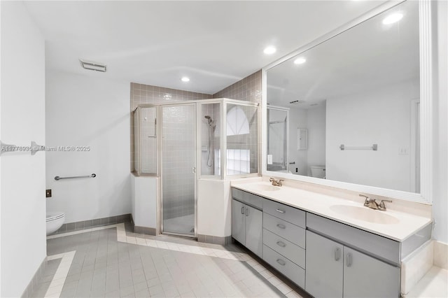 4622 NW 100th Ter, Coral Springs, FL 33076 - full bathroom featuring double vanity, tile patterned flooring, recessed lighting, and a stall shower