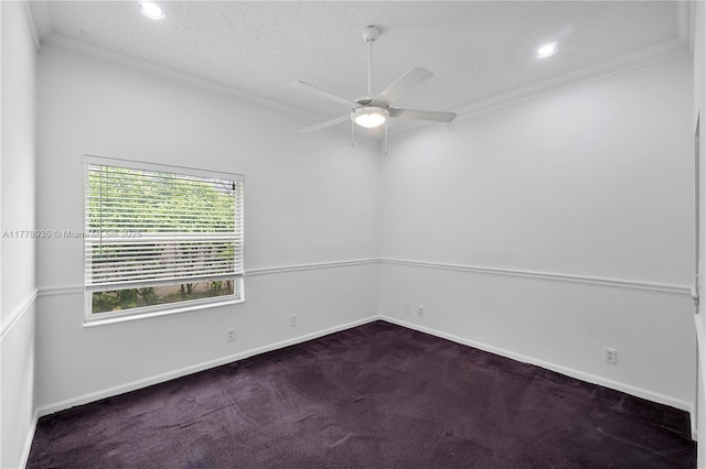 4622 NW 100th Ter, Coral Springs, FL 33076 - unfurnished room featuring carpet floors, ornamental molding, a ceiling fan, recessed lighting, and a textured ceiling