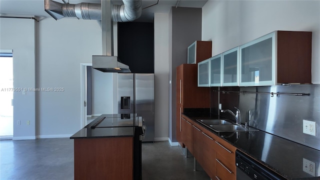 10 SW S River Dr Unit 610, Miami, FL 33130 - kitchen with a sink, modern cabinets, dark countertops, a center island, and concrete flooring