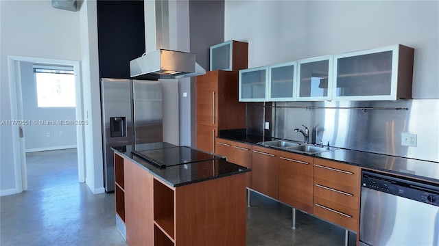 10 SW S River Dr Unit 610, Miami, FL 33130 - kitchen with stainless steel appliances, island exhaust hood, modern cabinets, a sink, and brown cabinets