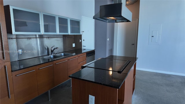 10 SW S River Dr Unit 610, Miami, FL 33130 - kitchen with range hood, a sink, a kitchen island, modern cabinets, and black electric cooktop