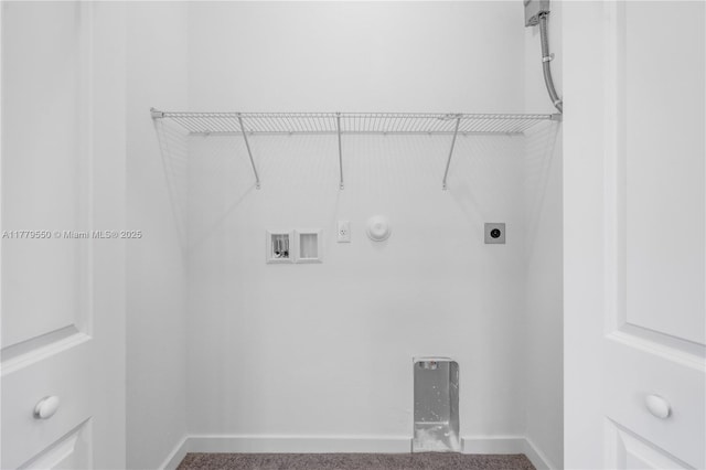 clothes washing area featuring baseboards, laundry area, gas dryer hookup, electric dryer hookup, and hookup for a washing machine