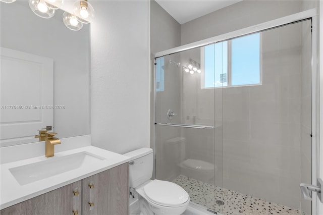 full bathroom with toilet, a stall shower, and vanity