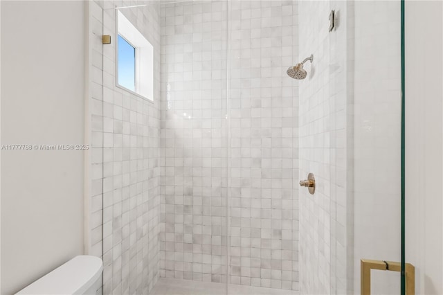 bathroom with a tile shower and toilet