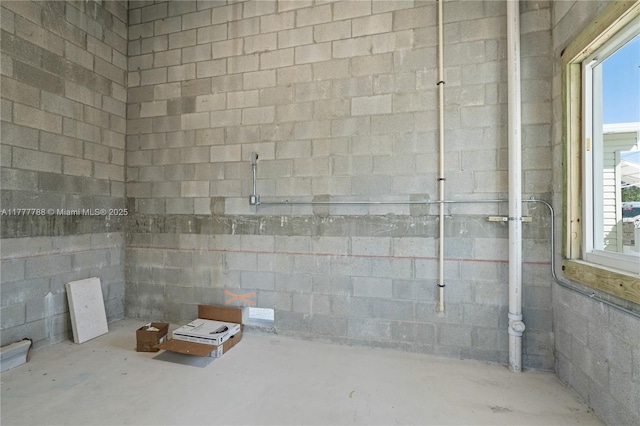 bathroom with unfinished concrete flooring, a wealth of natural light, and concrete block wall