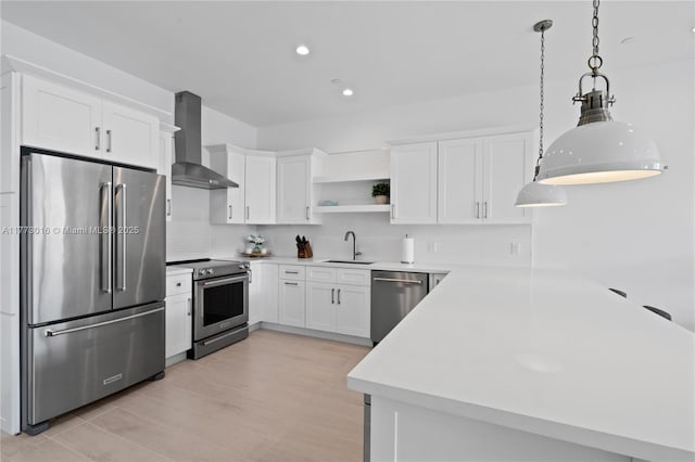 84745 Old Hwy Unit 1, Islamorada, FL 33036 - kitchen featuring high end appliances, wall chimney exhaust hood, open shelves, decorative backsplash, and white cabinets