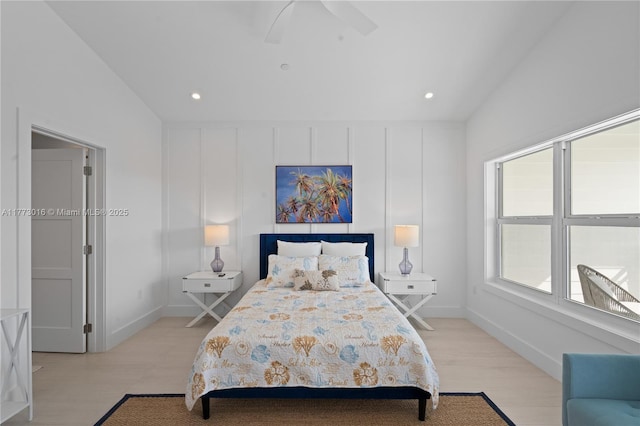 84745 Old Hwy Unit 1, Islamorada, FL 33036 - bedroom with light wood-style flooring, a ceiling fan, and recessed lighting