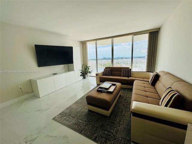 18071 Biscayne Blvd Unit 1503, Aventura, FL 33160 - living area featuring marble finish flooring, baseboards, and floor to ceiling windows