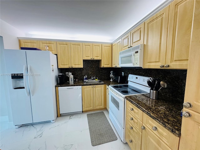 18071 Biscayne Blvd Unit 1503, Aventura, FL 33160 - kitchen featuring white appliances, light brown cabinetry, a sink, light marble finish flooring, and backsplash