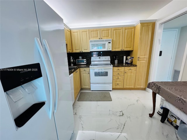 18071 Biscayne Blvd Unit 1503, Aventura, FL 33160 - kitchen with white appliances, light marble finish flooring, tasteful backsplash, and light brown cabinetry