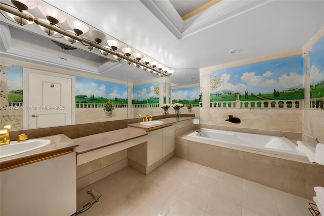 21150 NE 38th Ave Unit 2106, Aventura, FL 33180 - full bath featuring a bath, a raised ceiling, a sink, crown molding, and double vanity
