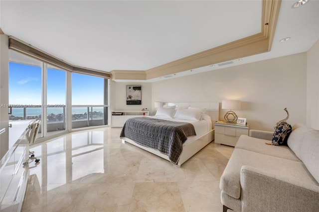 21150 NE 38th Ave Unit 2106, Aventura, FL 33180 - bedroom featuring crown molding, a tray ceiling, floor to ceiling windows, a water view, and marble finish floor
