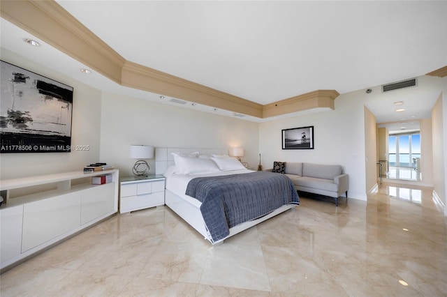 21150 NE 38th Ave Unit 2106, Aventura, FL 33180 - bedroom featuring ornamental molding, marble finish floor, and visible vents