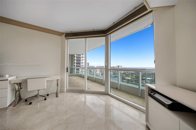 21150 NE 38th Ave Unit 2106, Aventura, FL 33180 - office area with ornamental molding, a wall of windows, marble finish floor, and baseboards