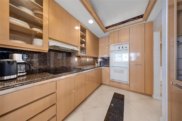 21150 NE 38th Ave Unit 2106, Aventura, FL 33180 - kitchen featuring tasteful backsplash, black electric stovetop, under cabinet range hood, white double oven, and a raised ceiling