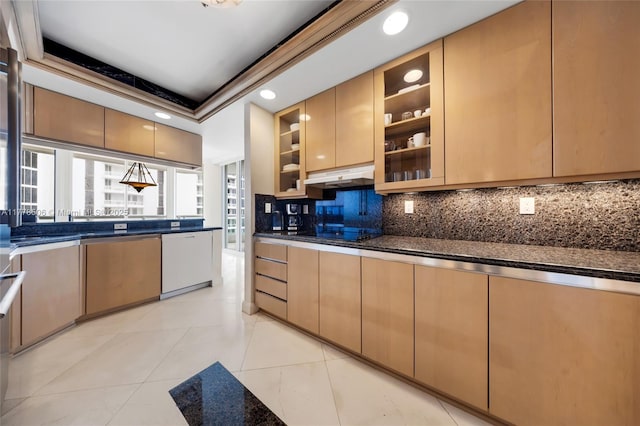 21150 NE 38th Ave Unit 2106, Aventura, FL 33180 - kitchen featuring tasteful backsplash, under cabinet range hood, white dishwasher, a raised ceiling, and black electric cooktop