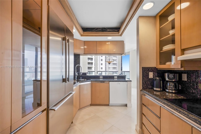 21150 NE 38th Ave Unit 2106, Aventura, FL 33180 - kitchen featuring a raised ceiling, white dishwasher, a sink, black electric stovetop, and backsplash