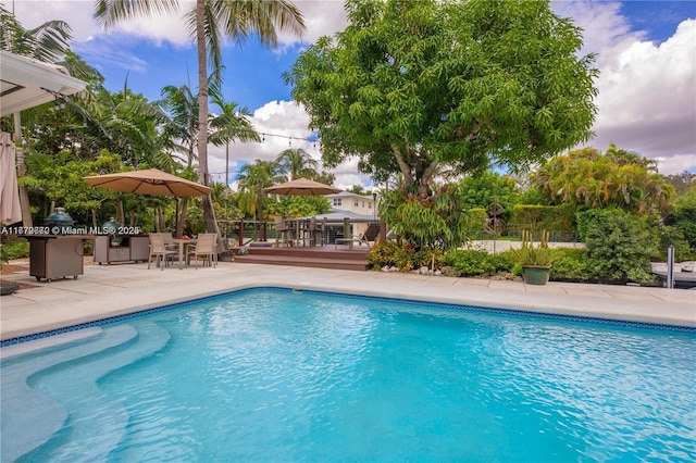 1001 S Alhambra Cir, Coral Gables, FL 33146 - swimming pool with a wooden deck, outdoor dining space, and a patio