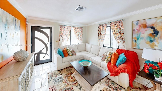 tiled living room with visible vents and ornamental molding