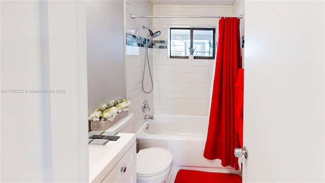 bathroom with shower / tub combo, toilet, and vanity