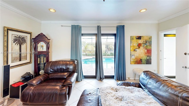 living room with ornamental molding and light tile patterned flooring