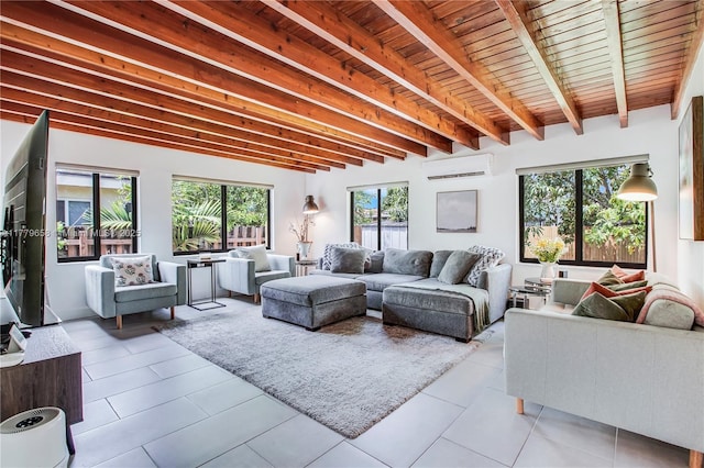 2019 SW 17th Ter, Miami, FL 33145 - living area featuring an AC wall unit, beam ceiling, wooden ceiling, and tile patterned flooring
