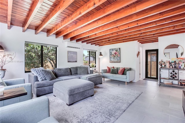 2019 SW 17th Ter, Miami, FL 33145 - living room with wooden ceiling, a wall mounted AC, beam ceiling, and tile patterned flooring