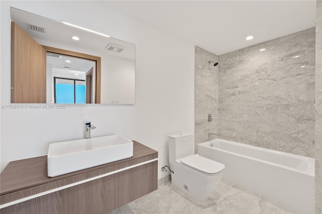 1135 103rd St Unit 402, Bay Harbor Islands, FL 33154 - bathroom with recessed lighting, toilet, washtub / shower combination, marble finish floors, and vanity