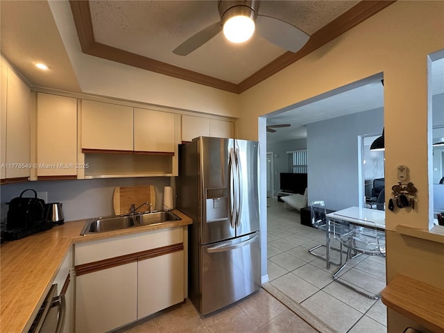 801 Atlantic Shores Blvd Unit 203, Hallandale Beach, FL 33009 - kitchen with stainless steel fridge with ice dispenser, a sink, a ceiling fan, light countertops, and light tile patterned floors
