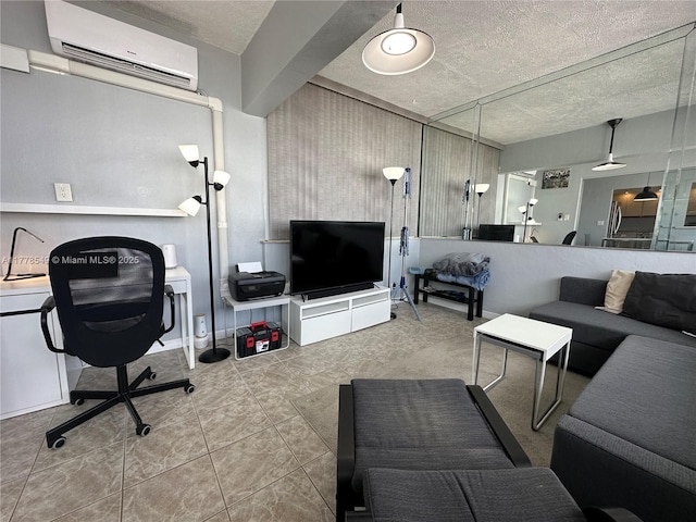 801 Atlantic Shores Blvd Unit 203, Hallandale Beach, FL 33009 - tiled living area featuring a wall mounted air conditioner, a desk, and a textured ceiling