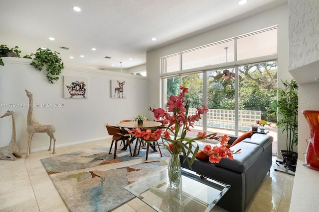 8350 SW 138th Ter, Palmetto Bay, FL 33158 - living area with tile patterned floors, baseboards, visible vents, and recessed lighting