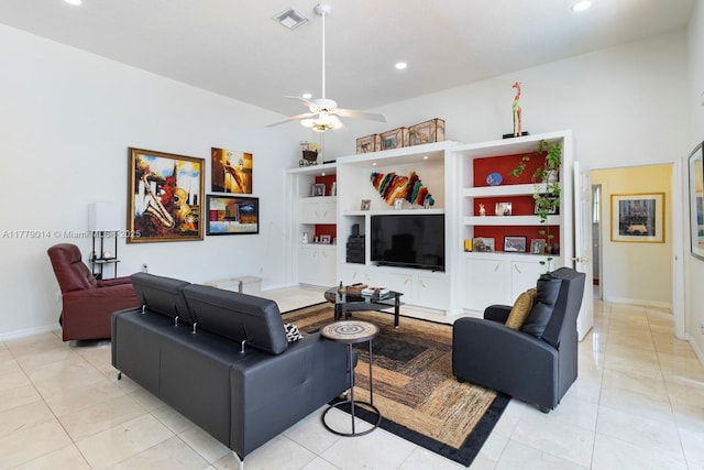 8350 SW 138th Ter, Palmetto Bay, FL 33158 - living area with visible vents, ceiling fan, light tile patterned floors, and baseboards