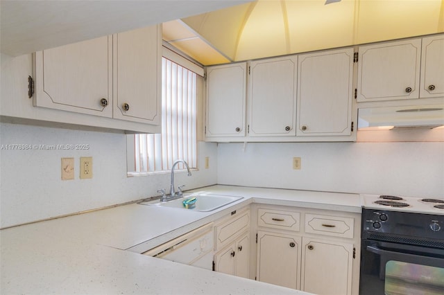 kitchen featuring black electric range oven, dishwasher, a sink, light countertops, and under cabinet range hood