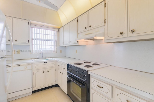kitchen featuring a sink, dishwasher, light countertops, black / electric stove, and under cabinet range hood