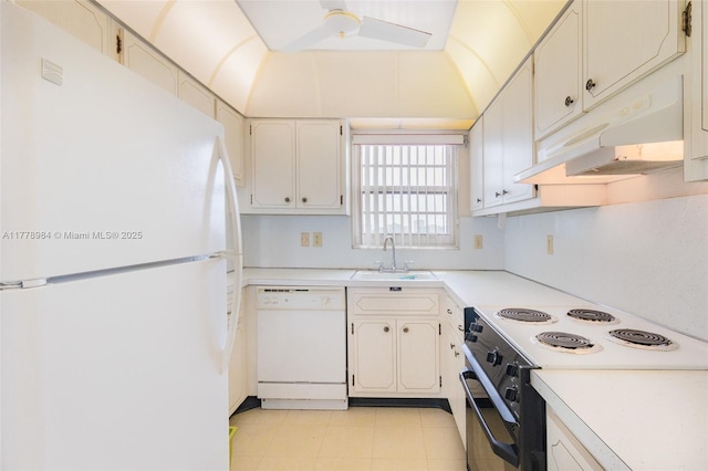 kitchen with a ceiling fan, white appliances, light countertops, under cabinet range hood, and a sink