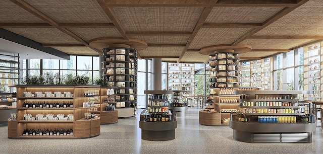 1210 Brickell Ave Unit 4804, Miami, FL 33131 - wine room with a healthy amount of sunlight, a wall of windows, beam ceiling, and coffered ceiling