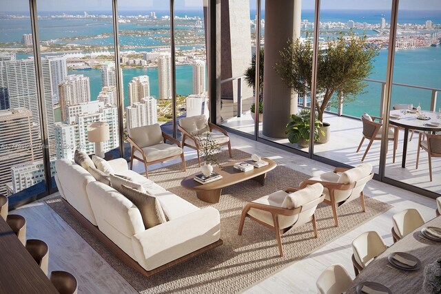 1210 Brickell Ave Unit 4804, Miami, FL 33131 - living room with a water view, a wall of windows, and a view of city