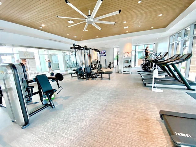 300 Sunny Isles Blvd Unit 4-903, Sunny Isles Beach, FL 33160 - workout area with wooden ceiling, a ceiling fan, and recessed lighting